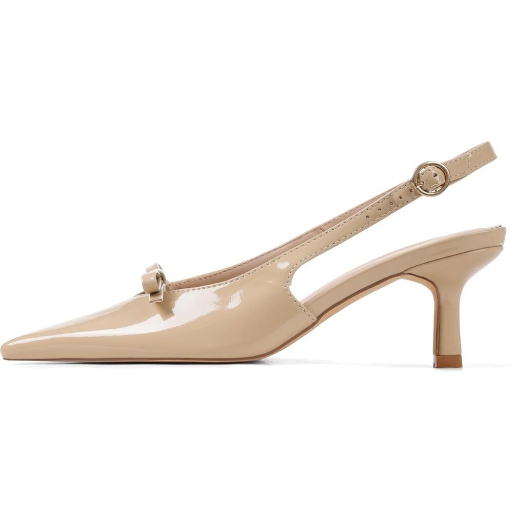 Women's Nude Slingback Pointed Toe Ankle Strap Kitten Bow Heel Pumps Shoes